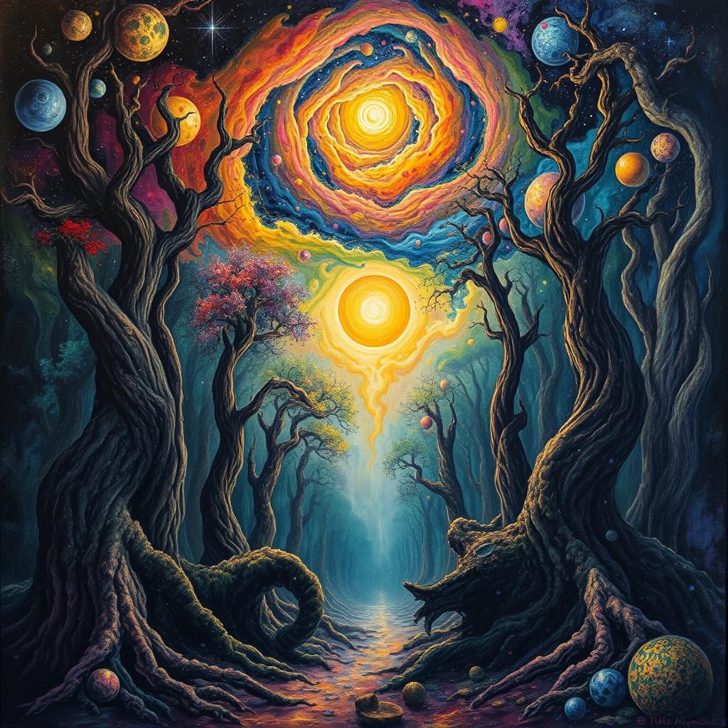 Eerie Forest Illuminated by Galaxy in Impasto Style