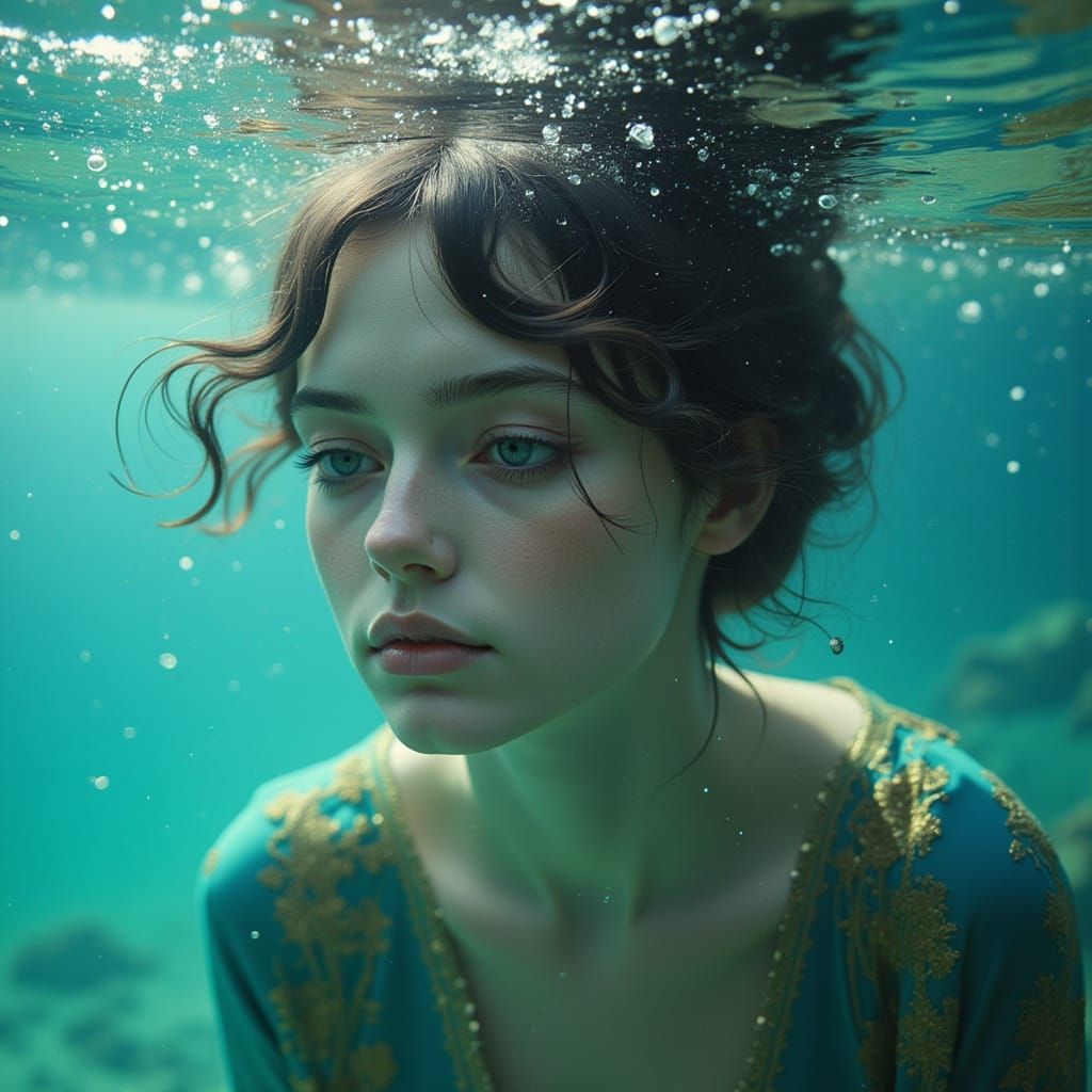 Ethereal Underwater Portrait in Art Nouveau Style