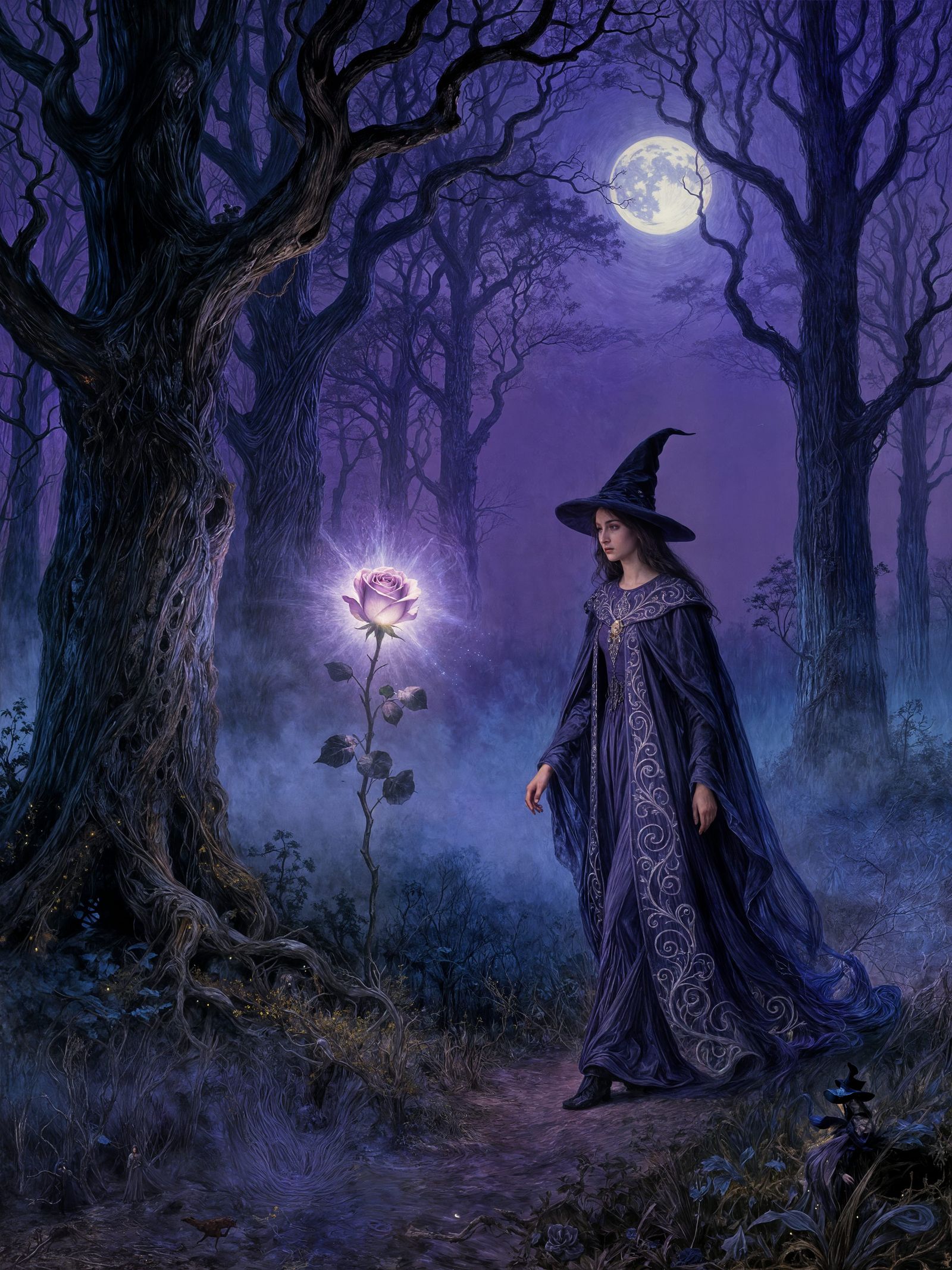 Witch in Enchanted Forest with Luminous Rose