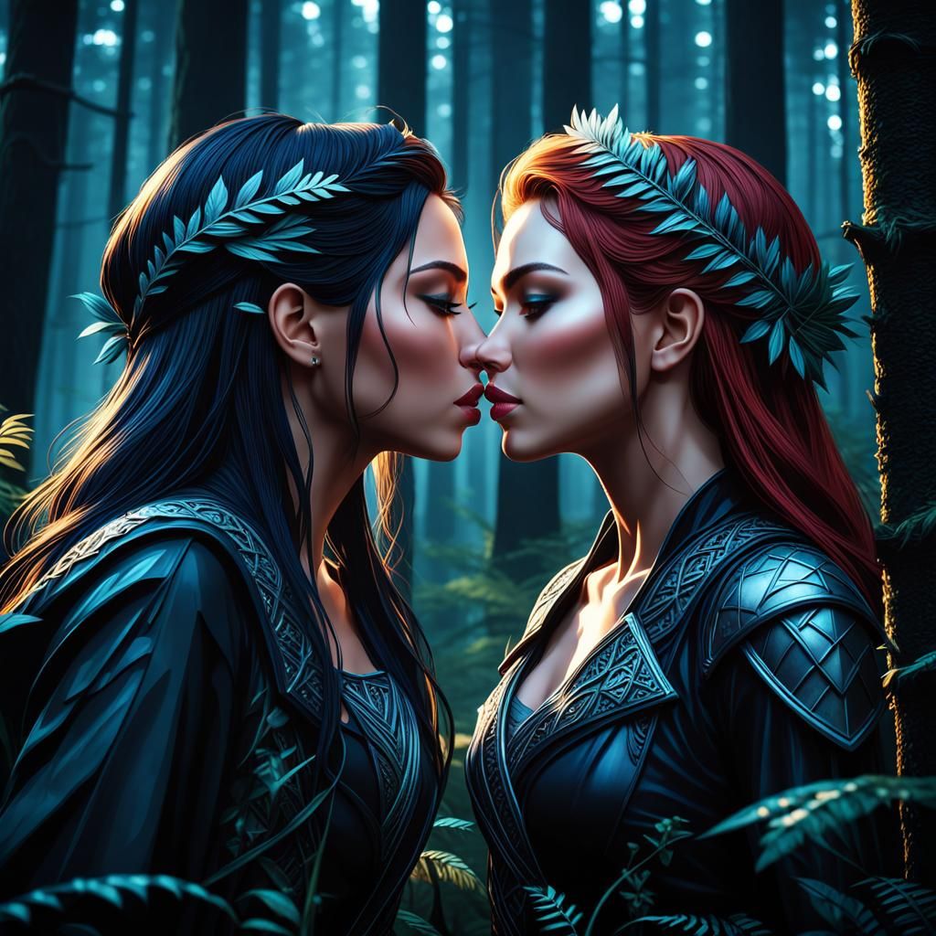 Romantic Kiss in a Gloomy Forest: Hyperrealistic Image