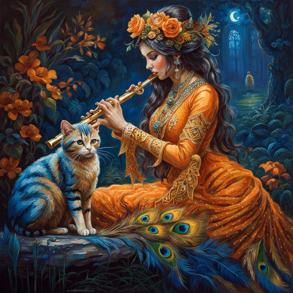 Lace-Adorned Cat Playing Flute in Fantasy Forest