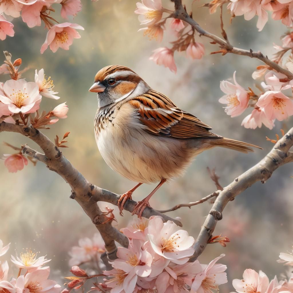 Sparrow on Branch in Watercolor, Ethereal Style