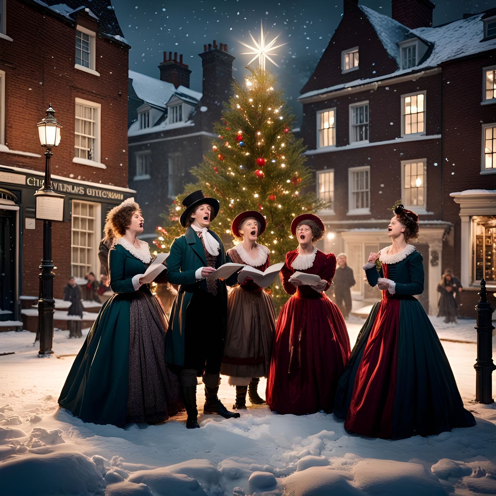 Victorian Carolers in Snowy Town Square