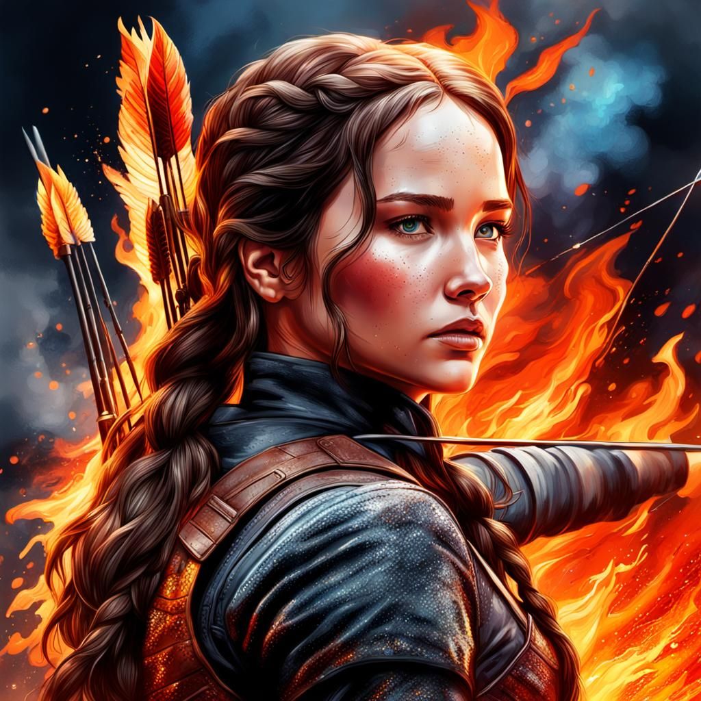 Hyperrealistic Katniss Everdeen Portrait with Fire