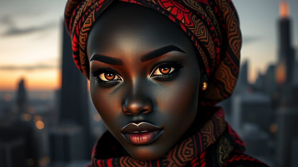 A high-resolution portrait of a dark-skinned amorphous smooth skin complexion woman with a polished grayscale complexion...