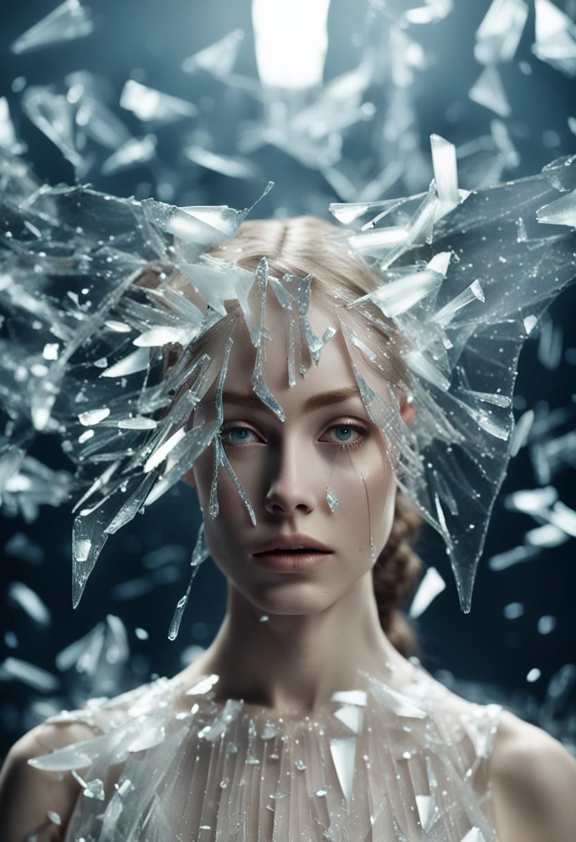 High-Fashion Model with Broken Glass Shards Portrait