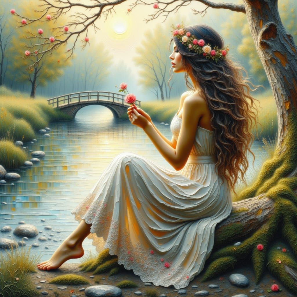 Serene Woman with Wildflowers by River in Oil Painting Style