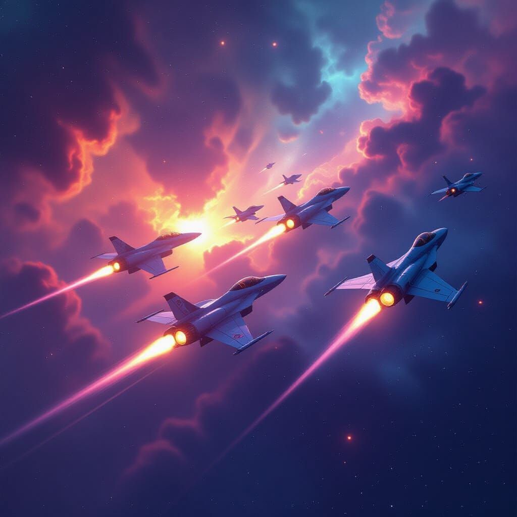 Starfighters in Formation Through Cosmic Nebula