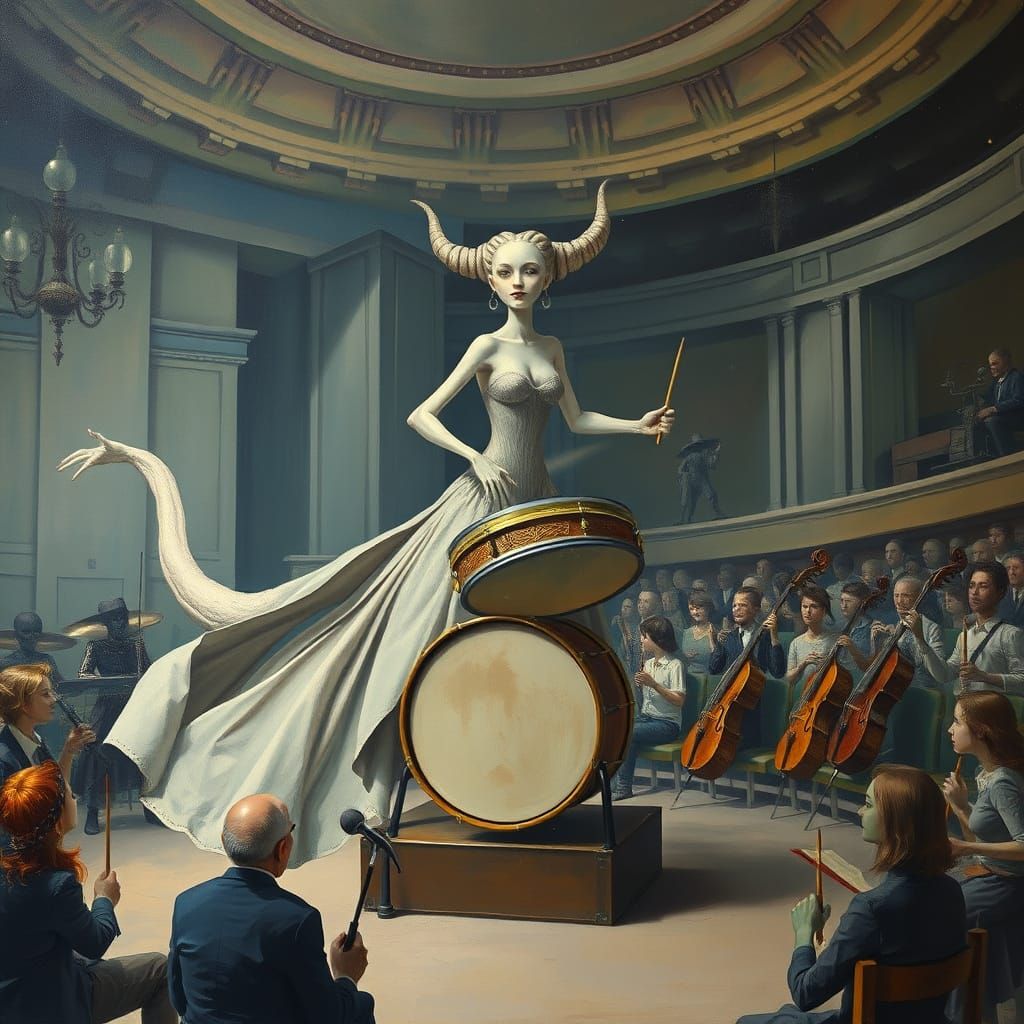 Surreal Giant Drummer in Dreamlike Concert Hall