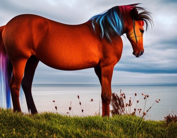 Bay Stallion on a hillock overlooking the ocean