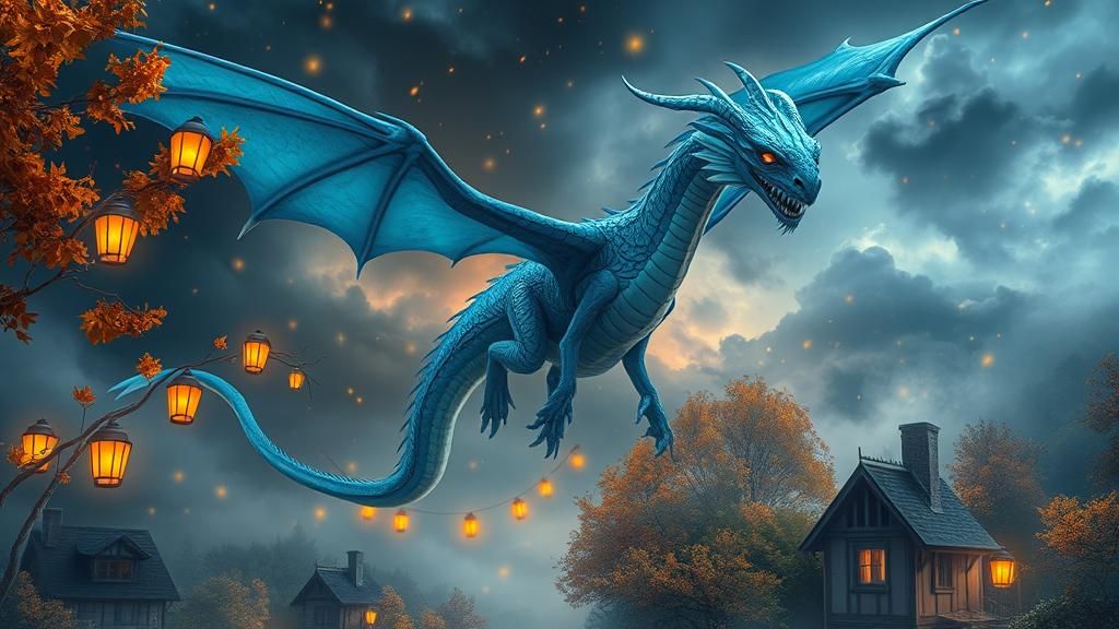 Blue Dragon Soaring in Fantasy Autumn Storm