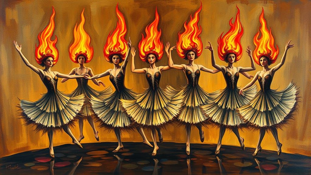 Surreal Dancers Engulfed in Flames: Oil Painting