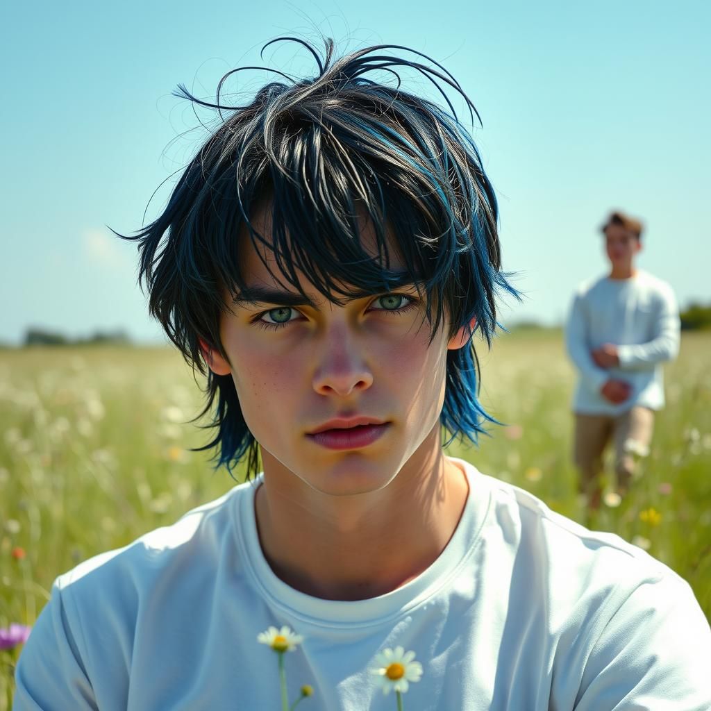 Young Man's Collapse in Floral Field