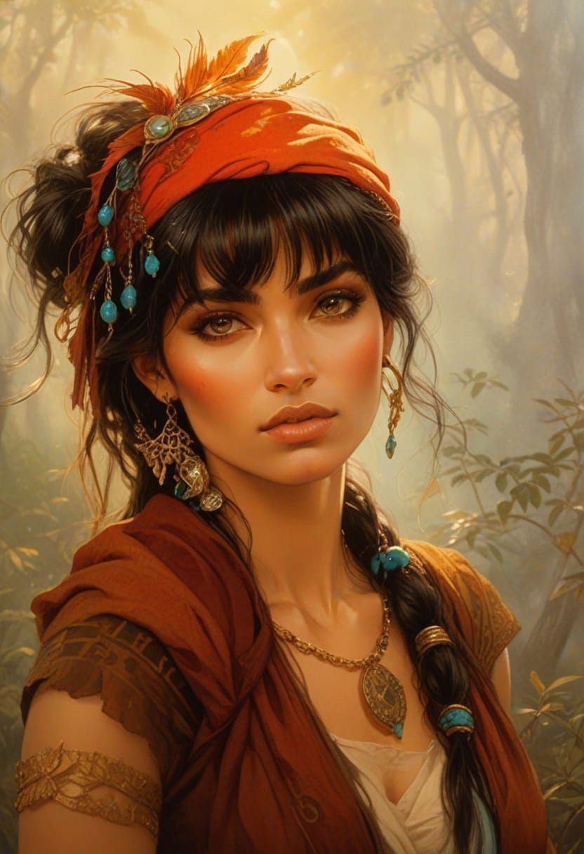 Gypsy Woman in Mystical Forest: Fantasy Illustration