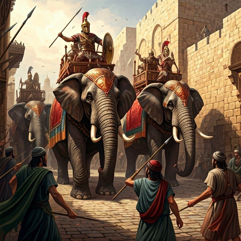 Epic Battle in Jerusalem: Greek Warriors on Elephants