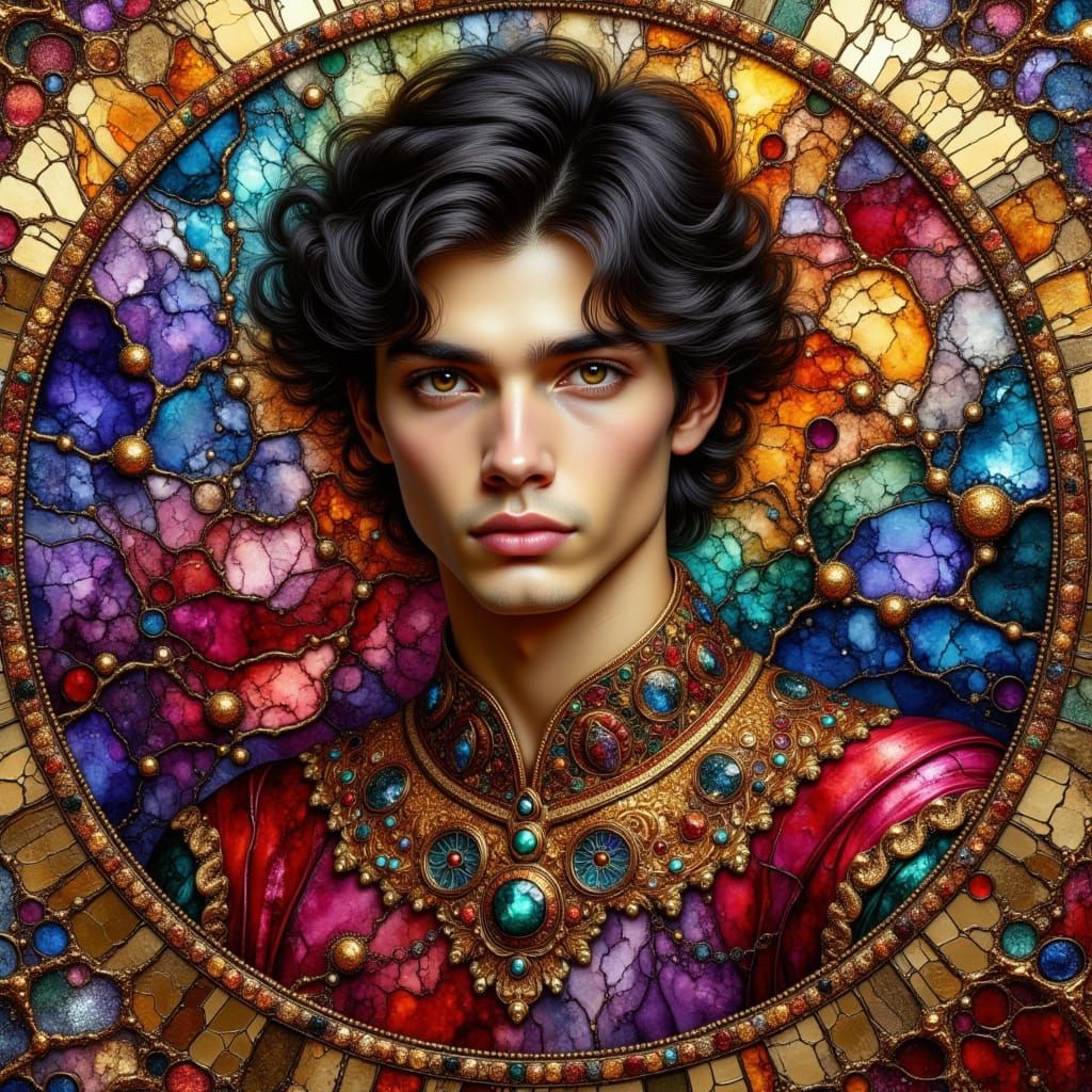 Hyper-Realistic Young Noble in Opulent Stained Glass