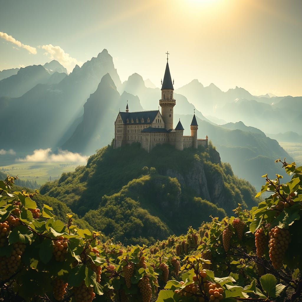 Golden Castle Amidst Majestic Mountain Range in Art Nouveau....