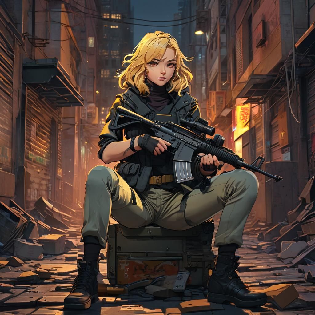 Anime Secret Agent with Machine Gun in Urban Alley