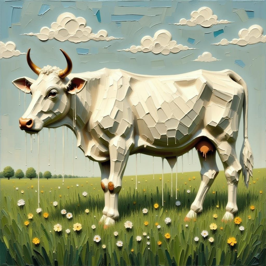 Surreal White Chocolate Cow in Impasto Style