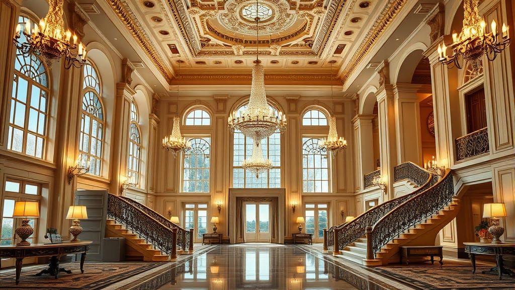 Luxurious Grand Entryway in Impressionist Style Mansion