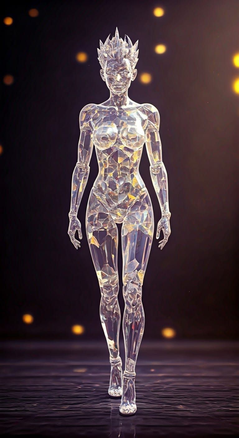 25 year old girl  with a body made of transparent rock cryst...