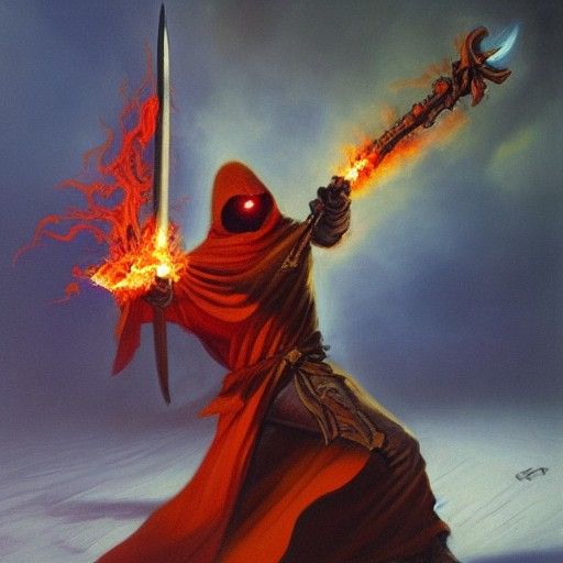 Demonic Battle with Flaming Sword, Oil Painting