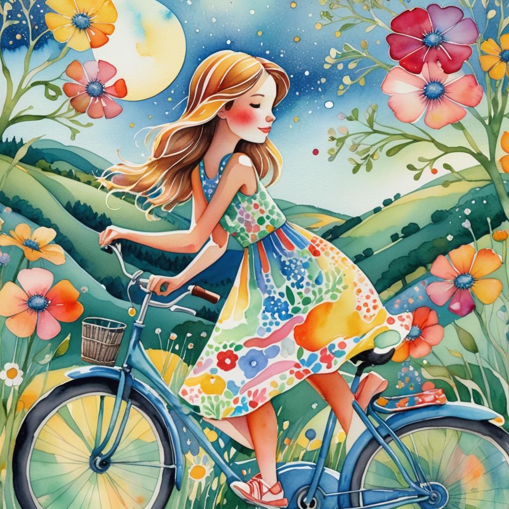 Girl Rides Bicycle Through Hills in Watercolor Illustration