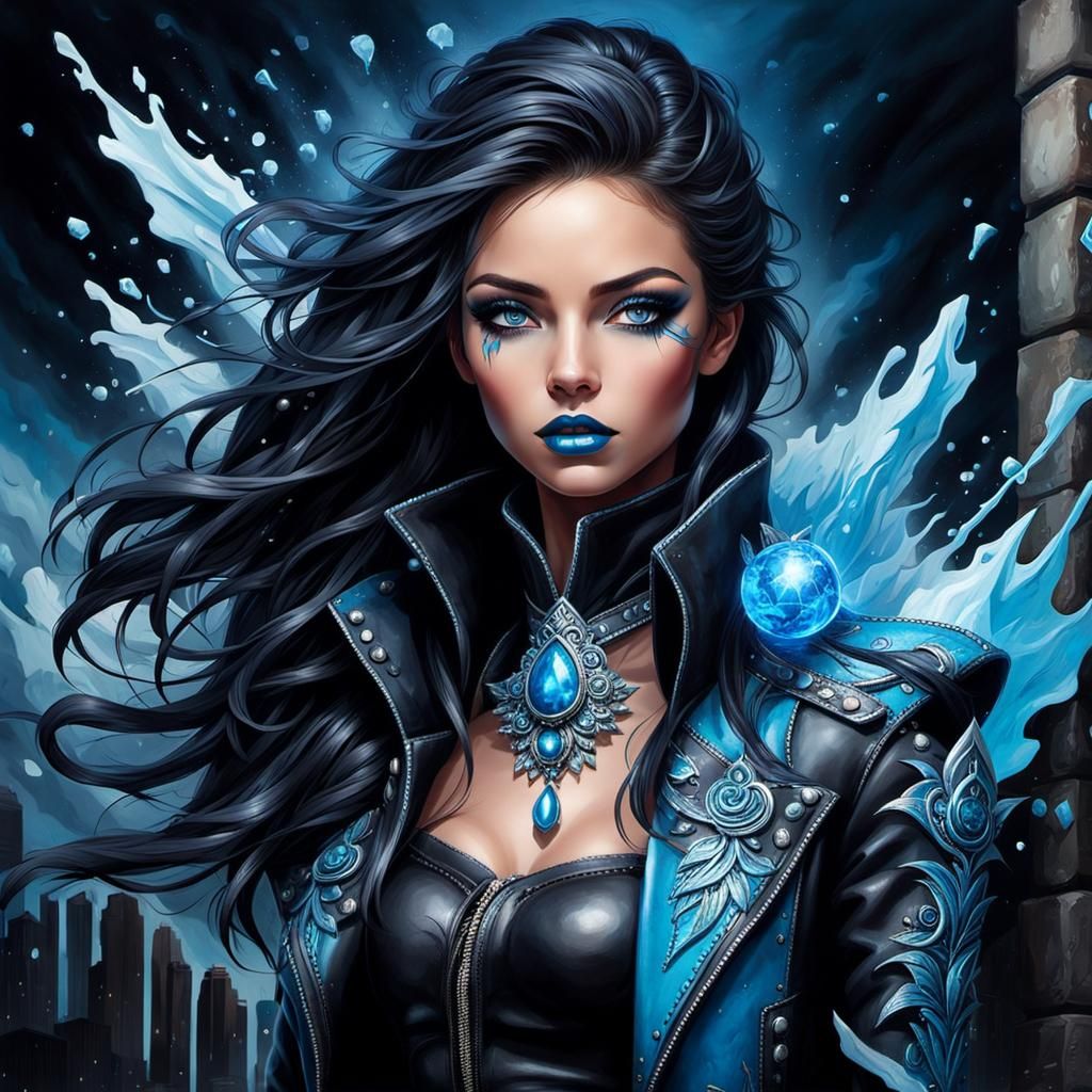 Ice Sorceress Casting Spell in Medieval Alley