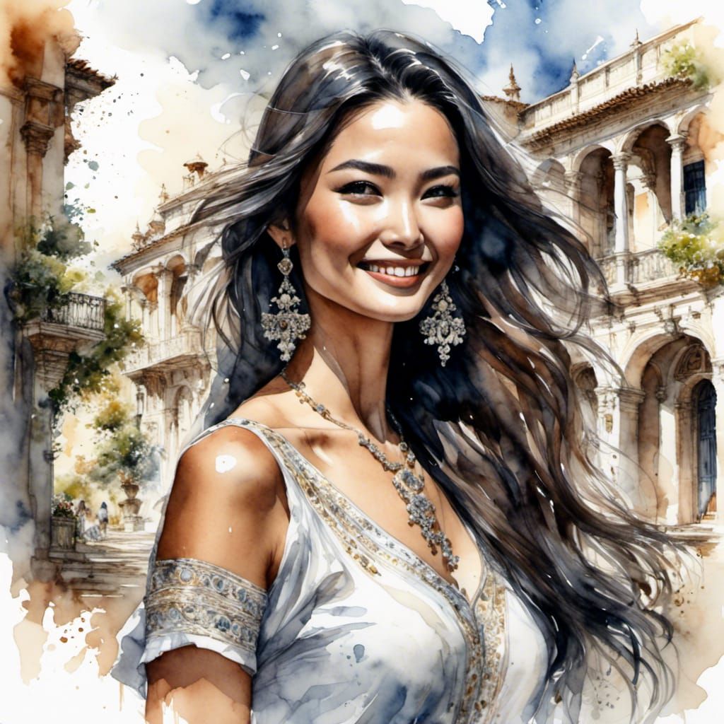 Happy Woman with Dark Hair in Hyperrealistic Style