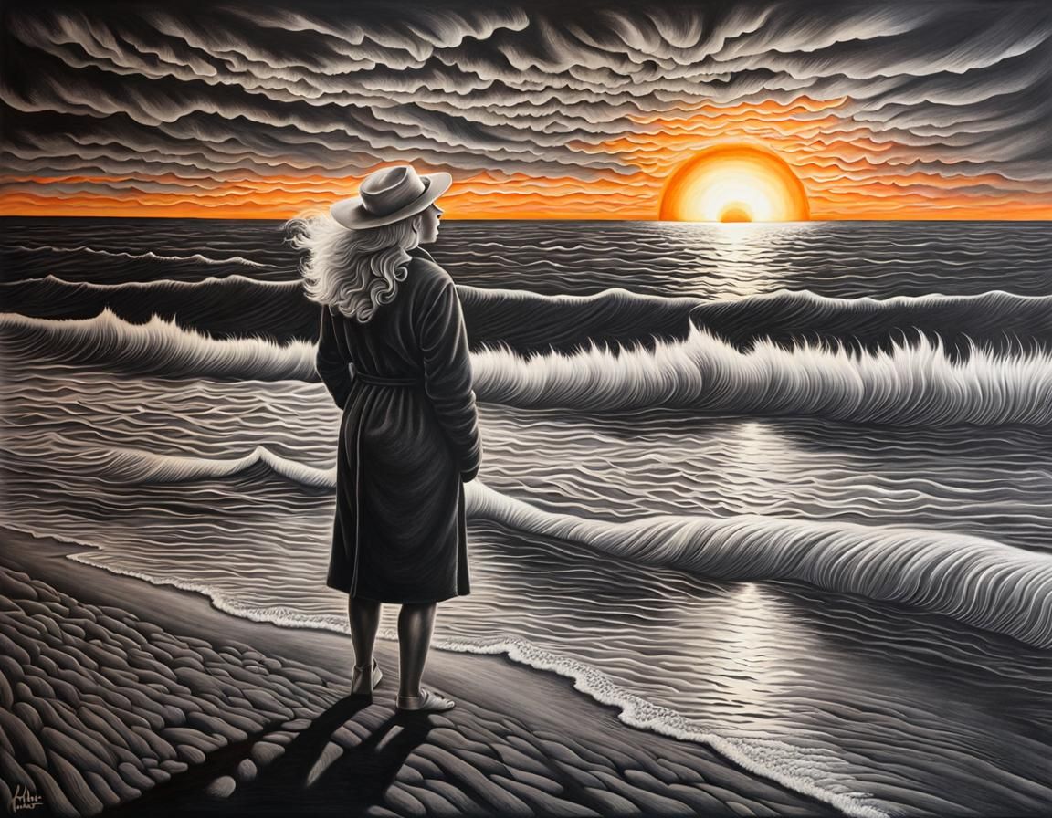 Monochromatic Chalk Art: Sunset Woman with Einstein