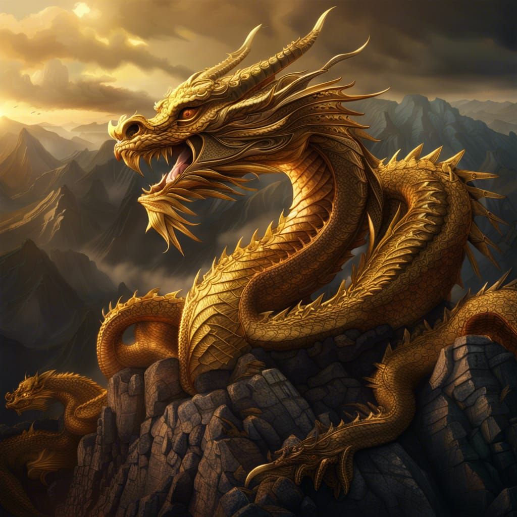 Majestic Golden Dragon on a Mountaintop