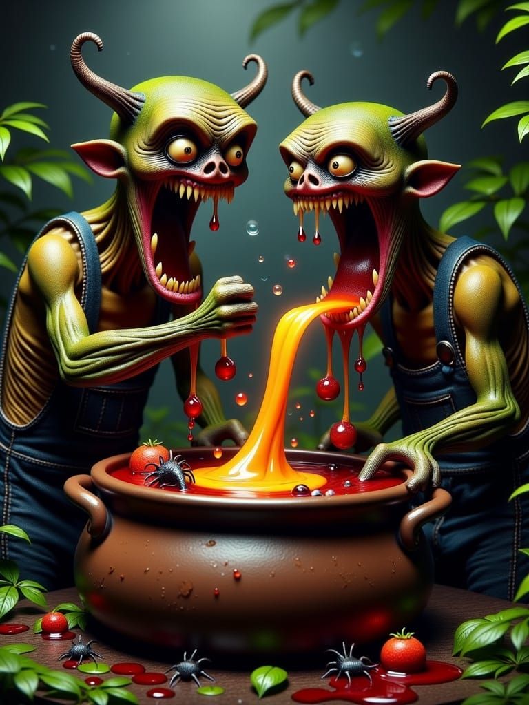 Grotesque Mutant Bumpkins Hurl Critters into Cauldron