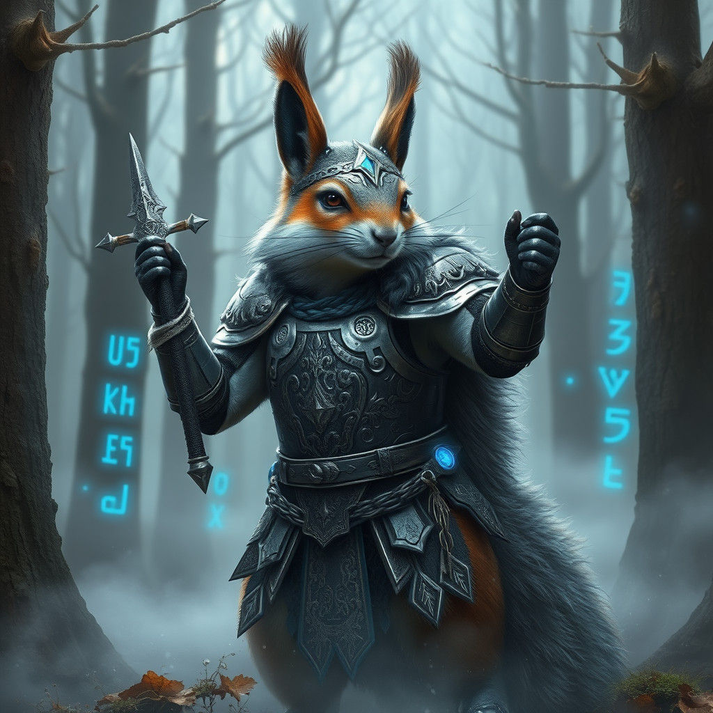Squirrel-Viking Hybrid in Nordic Forest, Digital Matte Paint...