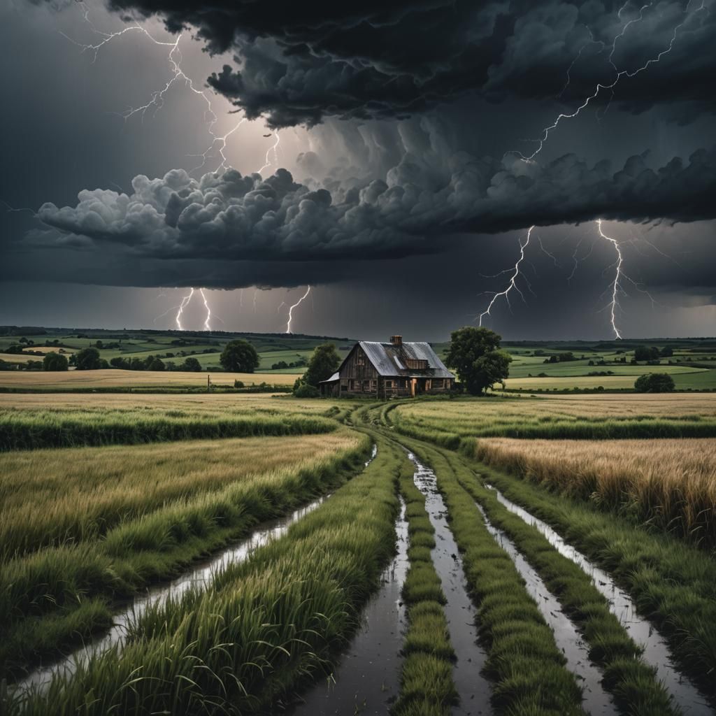Dramatic Storm Over Farmland in Watercolor Gouache Style