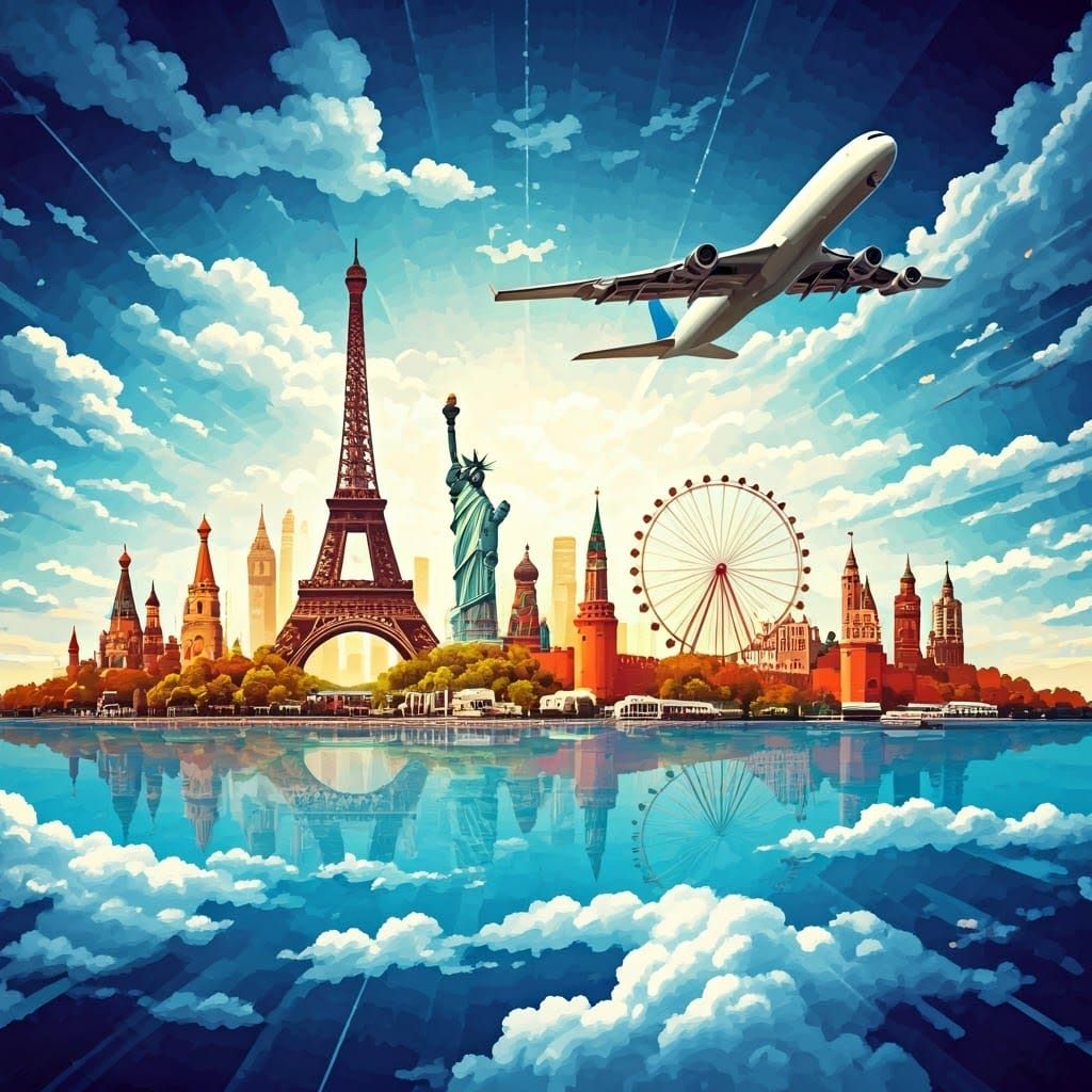 Dynamic Cityscape with Iconic Landmarks in Vibrant Abstract....