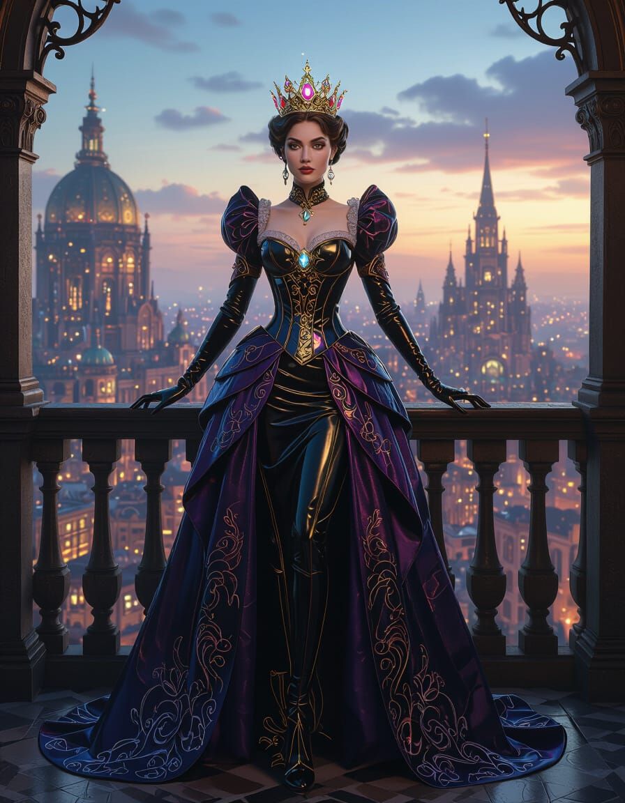 Regal Queen in Shiny Victorian Latex Attire Overlooking Stea...