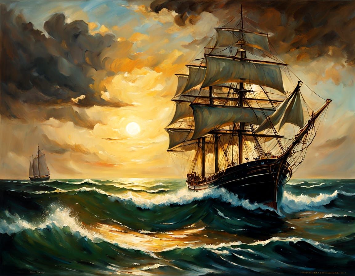 Majestic Sailing Ship on Rolling Waves Oil Painting