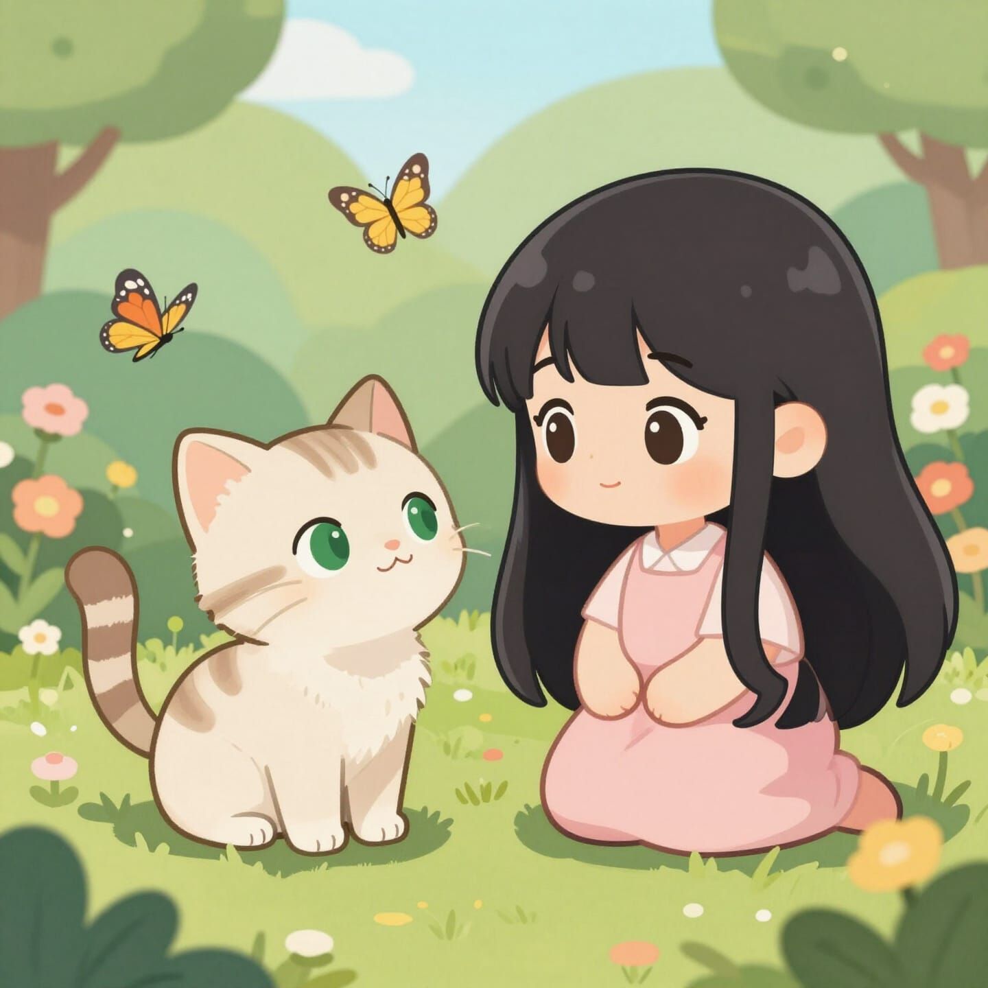 Cute Kitten Meets Girl in Flower Garden Illustration