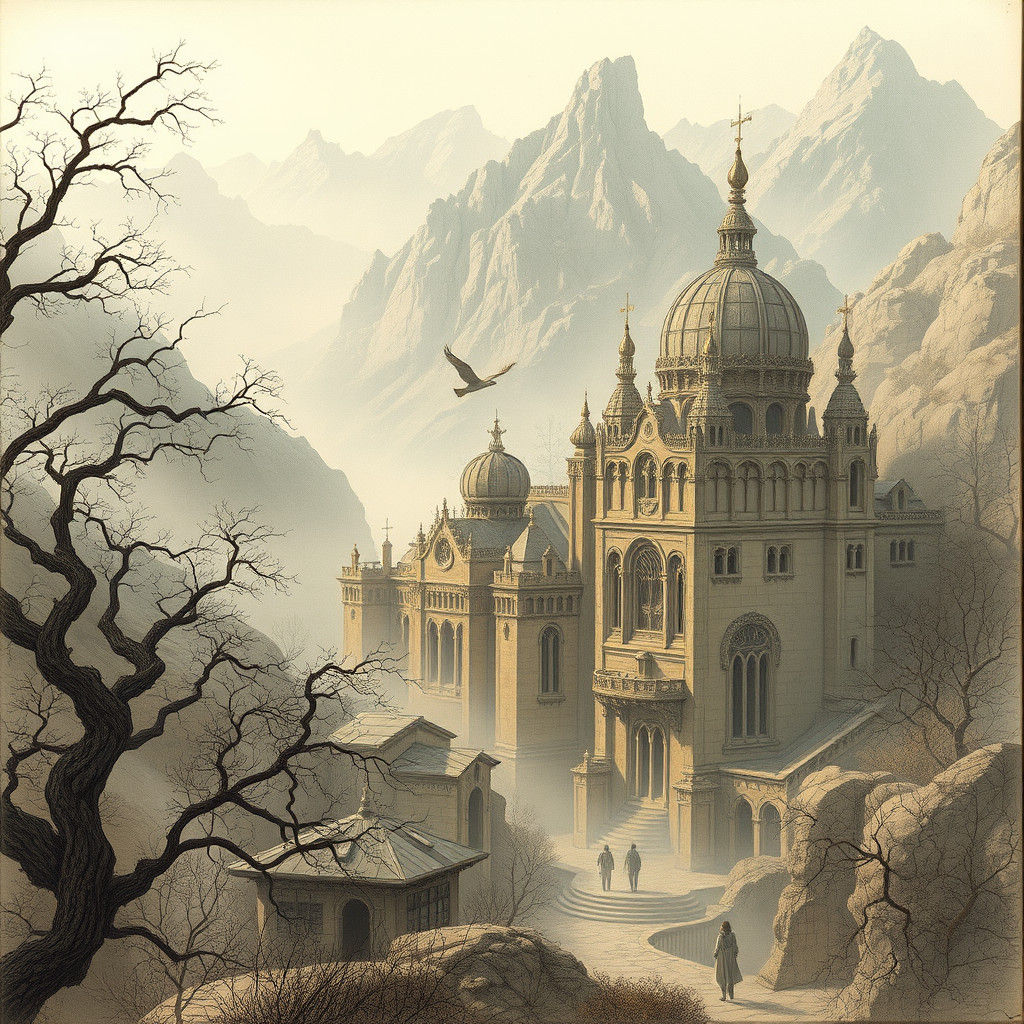 Schematic Sketch Fantasy World with Ethereal Mist