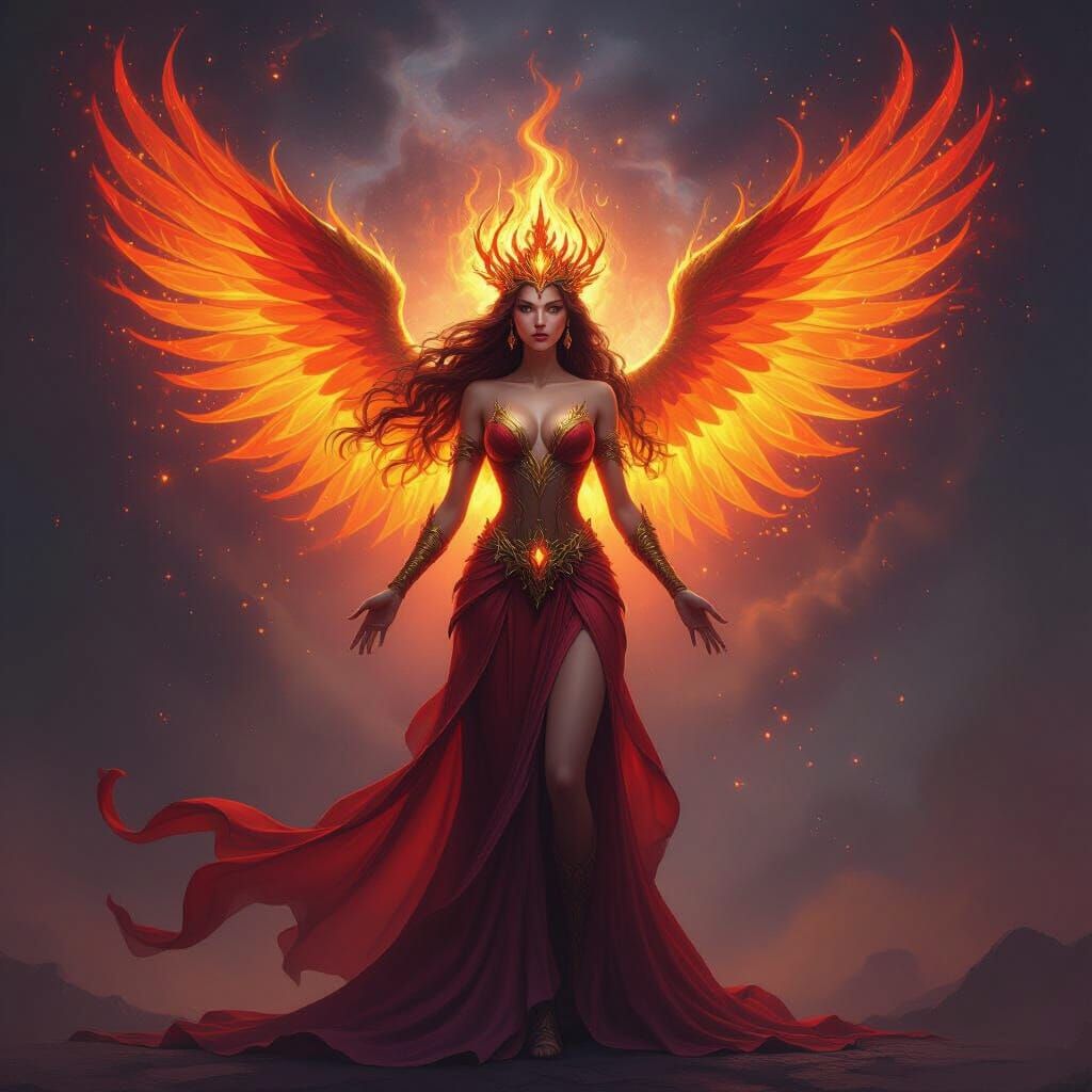 Radiant Fire Goddess with Molten Gold Crown and Ember Wings