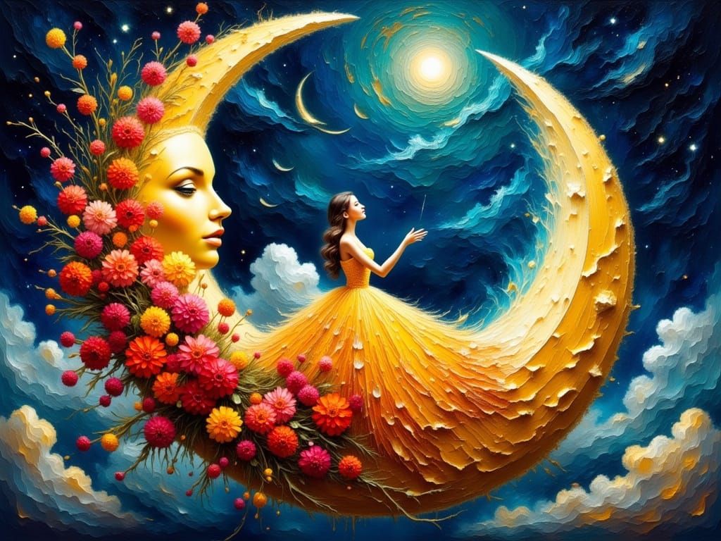 Surreal Moonlit Beauty in Impasto Style