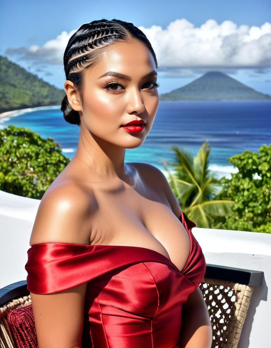 Tropical Beach Scene with Indonesian Woman in Red Dress