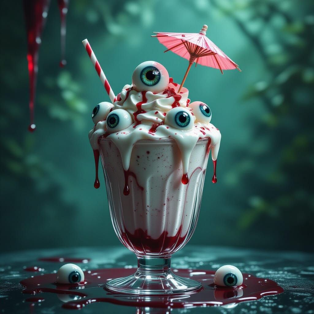 Ghoulish Eyeball Milkshake in Horror Art Style