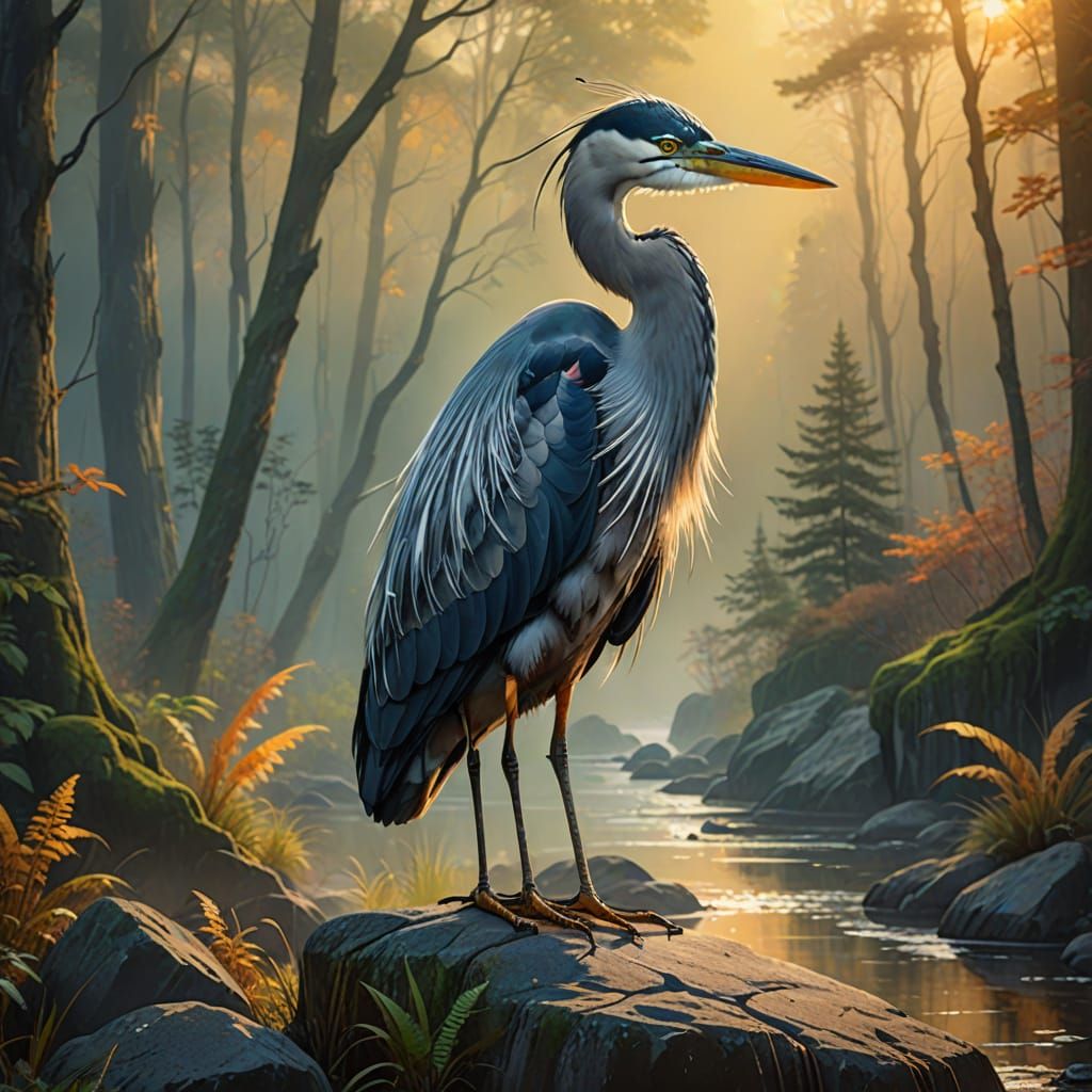 Majestic Heron in Sunlight: A Fantasy Oil Painting