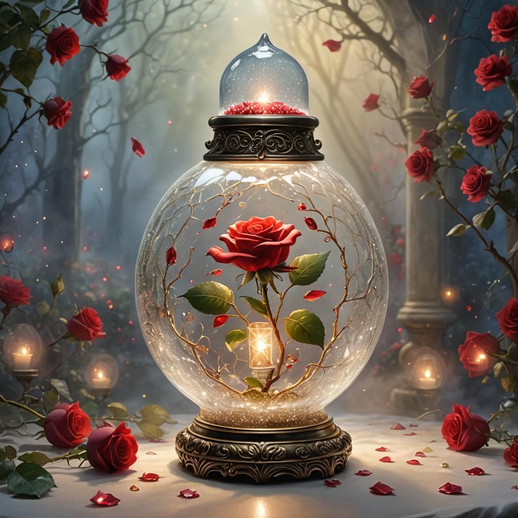 Illuminated Rose in Glass Vase, Fairytale Scene