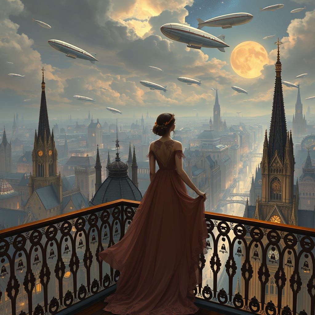 Art Nouveau Woman Gazing at Steampunk Cityscape