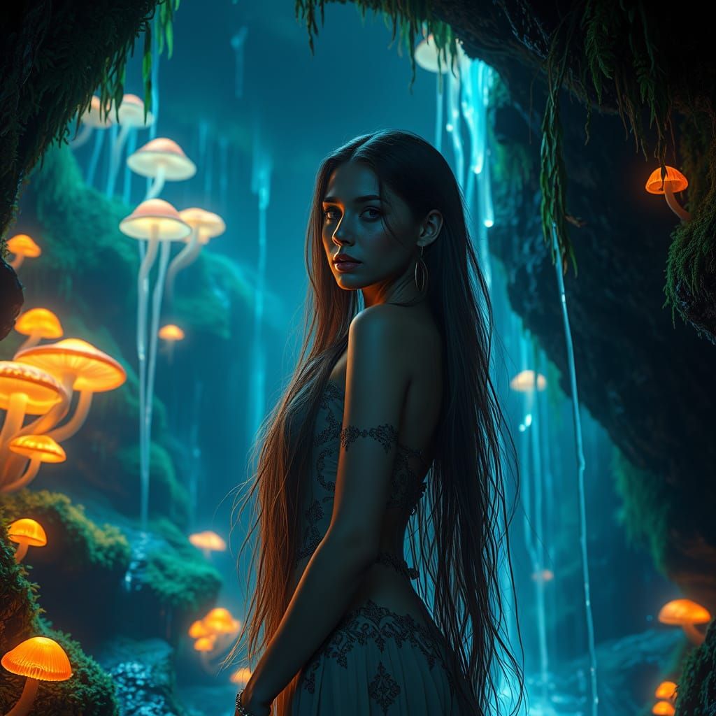 Surreal Woman in Grotto, Illuminated by Bioluminescent Fungi