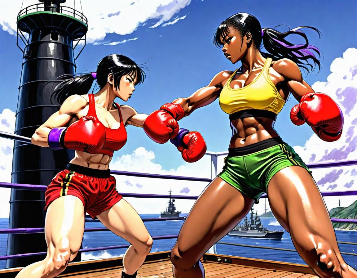 Intense Boxing Match on Battleship Deck: Manga Art