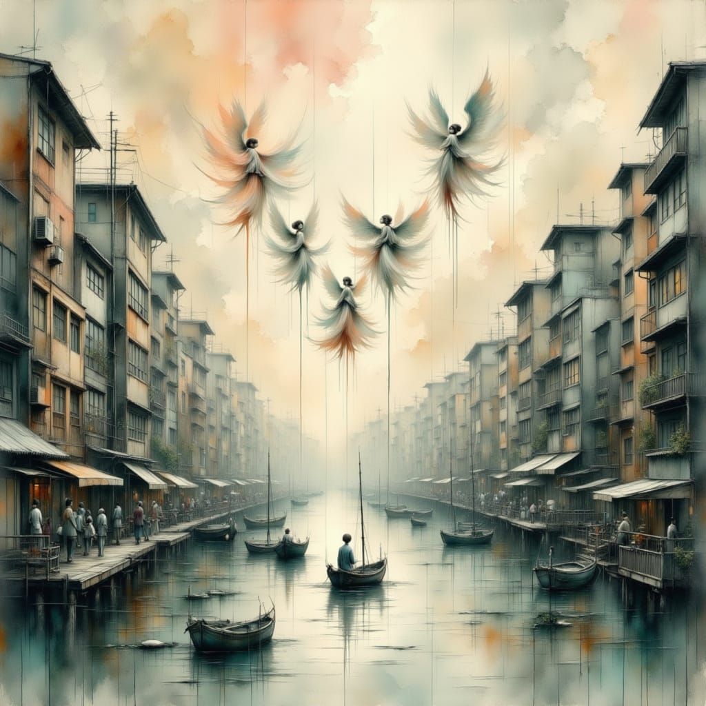 Ethereal Angels Descend on Detailed Ink-Lined Cityscape