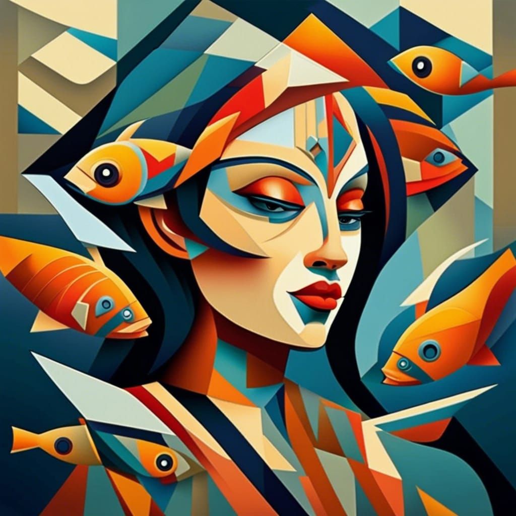 Water Spirit Art Deco Cubist Painting